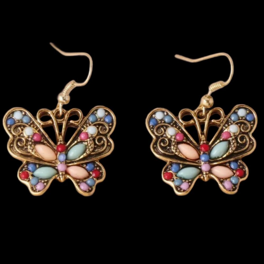 Brass Butterfly Dangle Earrings Pastel Stones Peach Blue Red White Butterflies
